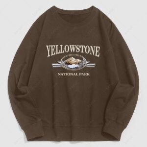 affordable Streetwear Yellow Stone Mountain Scenic Vintage Graphic Crewneck Sweatshirt - DEEP COFFEE L