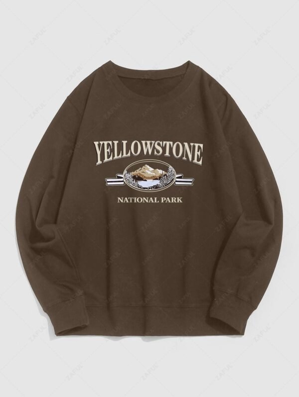 affordable Streetwear Yellow Stone Mountain Scenic Vintage Graphic Crewneck Sweatshirt - DEEP COFFEE L