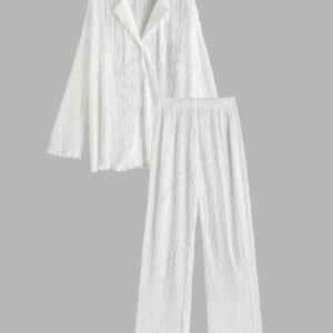 fancy Plisse Pleated Button Up Shirt and Pants Set - WHITE L