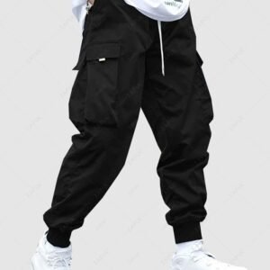 best Men's Flap Pocket Drawstring Elastic Waist Streetwear Casual Techwear Jogger Cargo Pants - BLACK L