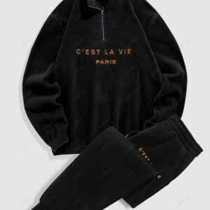 trendy C' EST LA VIE Letter Embroidered Polar Fleece Sweatshirt and Sports Jogger Pants Set - BLACK ONE SIZE