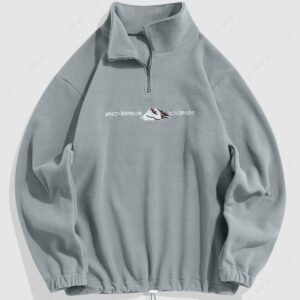 affordable ZAFUL Fuzzy Letter and Mountain Embroidered Quarter Zip Polar Fleece Sweatshirt - LIGHT GRAY L