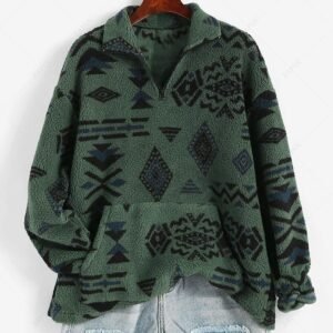 online ZAFUL Front Pocket Fluffy Quarter Zip Ethnic Aztec Printed Sweatshirt - DEEP GREEN L