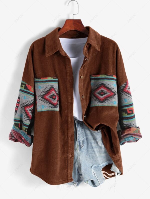 sale Women's Ethnic Aztec Printed Corduroy Shacket Long Sleeve Retro Spliced Jacket - COFFEE M