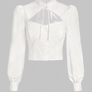 fancy ZAFUL Lantern Sleeve Cut Out Crochet Trim Tie Stand Collar Shirt - WHITE M