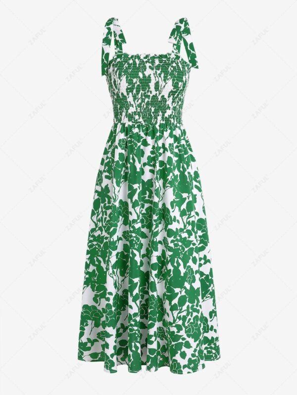 unique ZAFUL Tie Shoulder Floral Print Smocked High Waist Vacation Midi Sundress - GREEN L