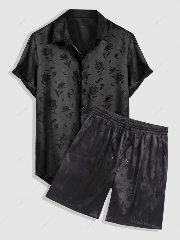 lady Men's Jacquard Silky Satin Floral Print Rose Pattern Button Front Short Sleeve Shirt And Shorts Set - BLACK ONE SIZE