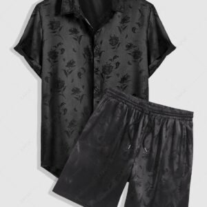 lady Men's Jacquard Silky Satin Floral Print Rose Pattern Button Front Short Sleeve Shirt And Shorts Set - BLACK ONE SIZE