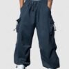 best ZAFUL Loose Fit Drawstring Pocket Design Beam Feet Parachute Cargo Pants - DEEP BLUE S