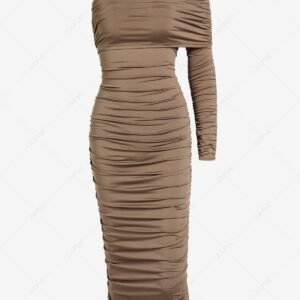 womens ZAFUL Women's Sexy Foldover Off Shoulder One Long Sleeve Ruched Back Slit Solid Color Midi Pencil Bodycon Dress - COFFEE L