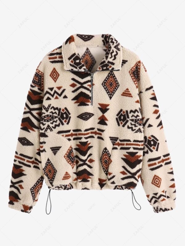 fancy ZAFUL Women's Drop Shoulder Ethnic Aztec Tribal Geo Print Quarter Zip Toggle Drawstring Fluffy Teddy Sweatshirt - LIGHT COFFEE S