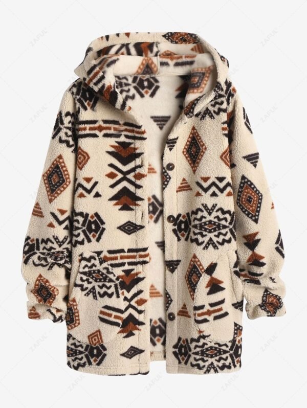 shop ZAFUL Women's Hooded Ethnic Style Pockets Long Tribal Geo Aztec Printed Fluffy Teddy Coat - LIGHT COFFEE L