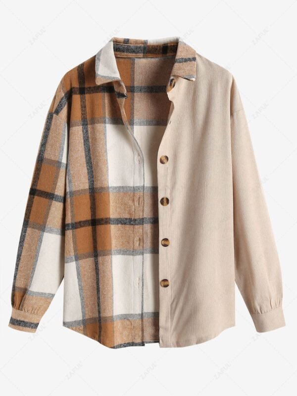 chic Women's Daily Vintage Style Plaid Colorblock Patchwork Long Sleeve Shirt Jacket Layering Shacket - LIGHT COFFEE S