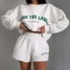 online Women's Active Daily Sports Letter Print Drop Shoulder Crew Neck Long Sleeve Loose Pullover Sweatshirt with Drawstring Pocket Shorts Set Matching Two Piece Set - WHITE S