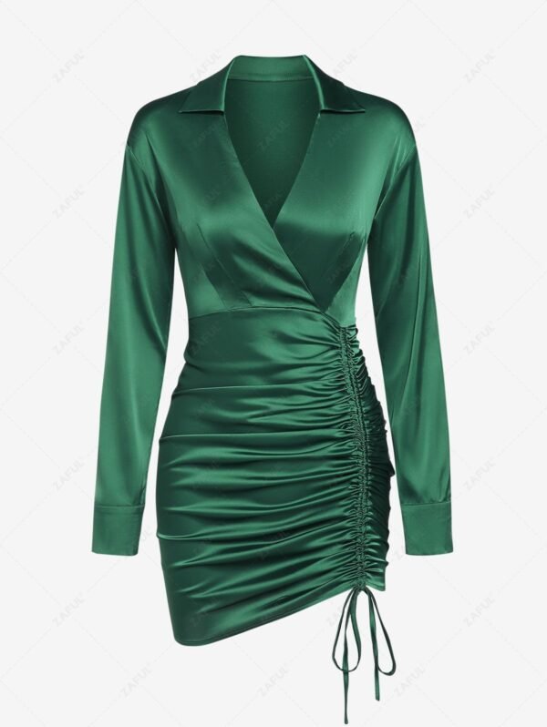 womens ZAFUL Women's Sexy Dating Night Daliy Solid Color Silky Satin Cinched Ruched Design V Neck Collared Surplice Long Sleeve Slinky Mini Dress - DEEP GREEN S