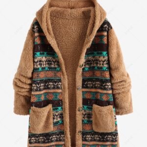 hot ZAFUL Women's Ethnic Style Dual Pocket Button Up Hooded Tribal Geo Aztec Printed Fluffy Fuzzy Faux Fur Textured Longline Teddy Coat - MULTI S