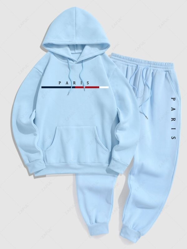 fashion Men's PARIS Letter Pattern Fuzzy Fleece-lined Kangaroo Pocket Design Pullover Hoodie and Drawstring Jogger Sweat Pants Set - LIGHT BLUE ONE SIZE