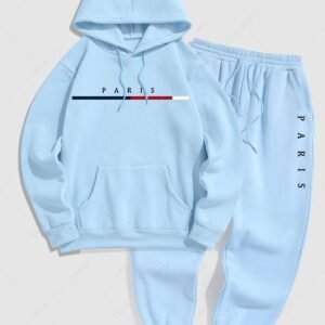 fashion Men's PARIS Letter Pattern Fuzzy Fleece-lined Kangaroo Pocket Design Pullover Hoodie and Drawstring Jogger Sweat Pants Set - LIGHT BLUE ONE SIZE