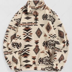 sale ZAFUL Faux Sherpa Tribal Ethnic Print Quarter Zip Teddy Sweatshirt - LIGHT COFFEE M