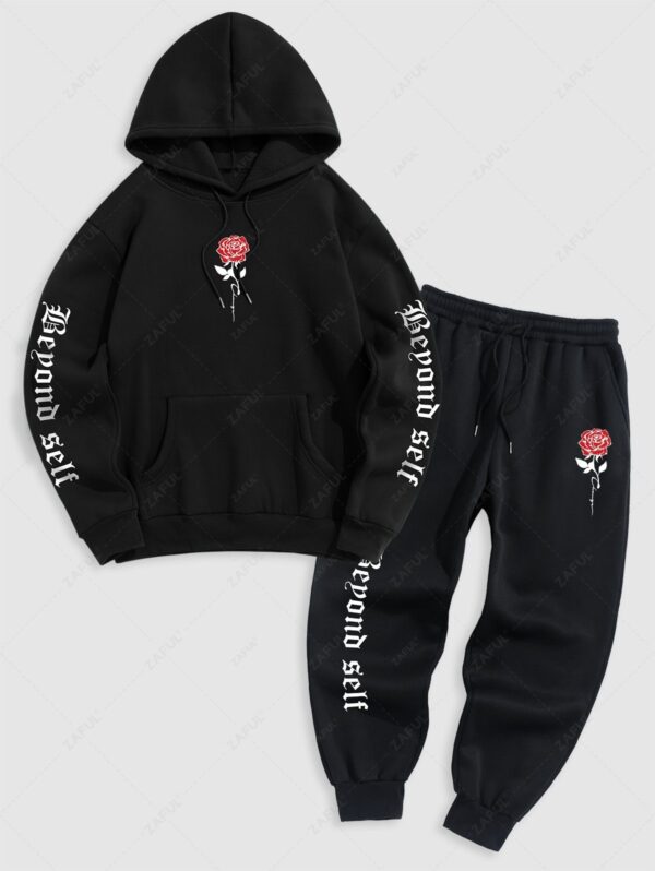 women Men's Matching Co Ord Sweatsuit Letter Floral Rose Graphic Printed Drawstring Front Pocket Thermal Fleece Lined Hoodie and Beam Feet Jogger Pants Two Piece Set - BLACK M