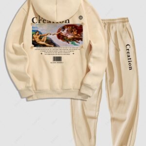 women's Men's Matching Co Ord Sweatsuit Letter Angel Gesture Graphic Printed Drawstring Front Pocket Thermal Fleece Lined Hoodie and Beam Feet Jogger Pants Two Piece Set - LIGHT COFFEE XL