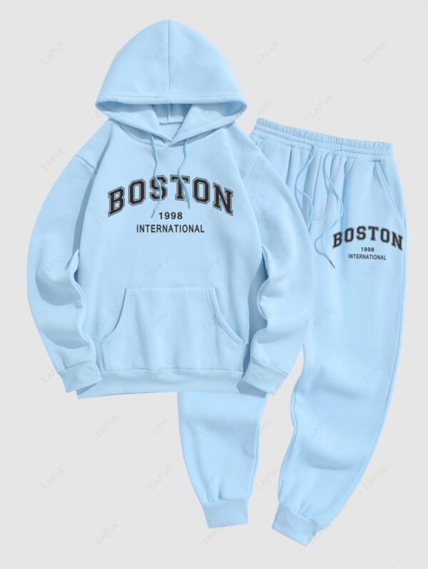 chic Men's Daily Casual Letter BOSTON Graphic Print Drawstring Front Kangaroo Pocket Thermal Fleece Lined Pullover Hoodie and Jogger Sweatpants Set - LIGHT BLUE ONE SIZE