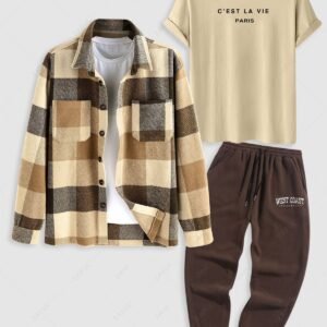 lady 3Pcs C'EST LA VIE Letter Printed Short Sleeves T-shirt and Plaid Pattern Wool Blend Shacket and Drawstring Pocket Jogger Pants Set - LIGHT COFFEE ONE SIZE