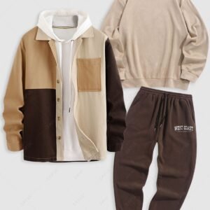 online Men's Three Piece Winter Outfits Colorblock Front Pocket Design Woolen Jacket and Faux Suede Pullover Sweatshirt and Embroidered Polar Fleece Sweatpants Set - COFFEE ONE SIZE