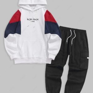 online Men's Casual New York Embroidered Colorblock Fleece-lined Kangaroo Pocket Pullover Hoodie and Streetwear Techwear Jogger Cargo Pants Set - MULTI-A ONE SIZE