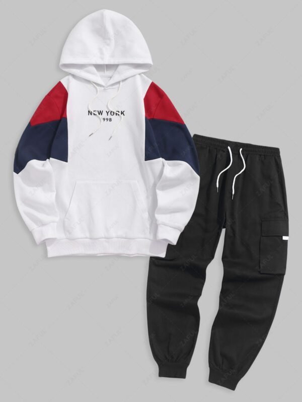 online Men's Casual New York Embroidered Colorblock Fleece-lined Kangaroo Pocket Pullover Hoodie and Streetwear Techwear Jogger Cargo Pants Set - MULTI-A ONE SIZE