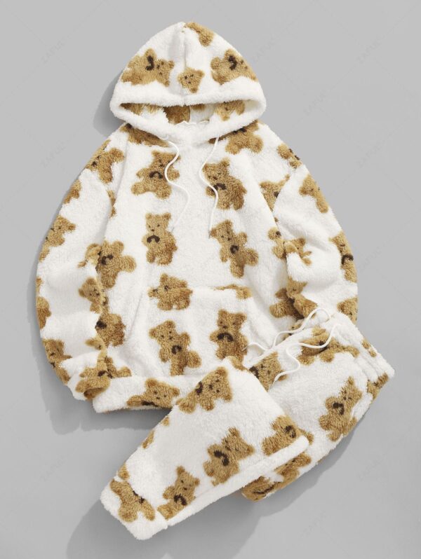 outfit ZAFUL Men's Cartoon Bear Print Fluffy Faux Fur Teddy Hoodie Drawstring Jogger Pants Two Piece Set - WHITE XXL