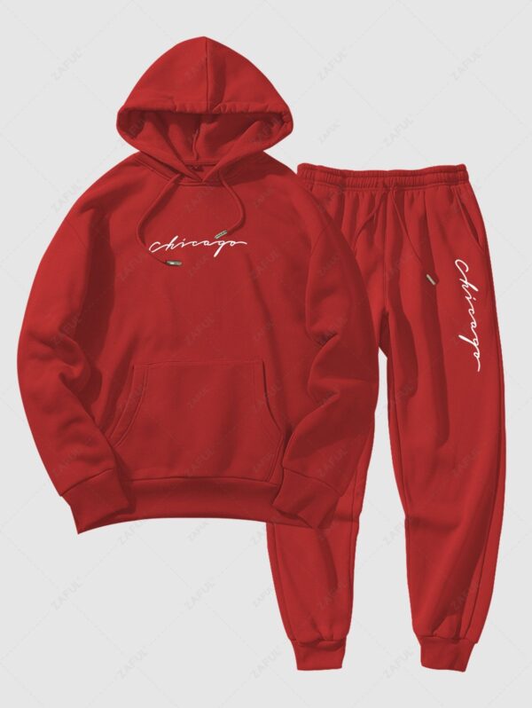 fashion Men's Fleece Thermal Lined Casual Chicago Letter Kangaroo Pocket Basic Hoodie Drawstring Jogger Sweatpants Matching Two Piece Set - RED XXL