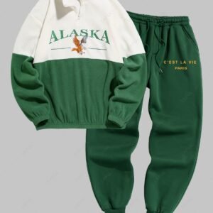 sale Men's Vintage Preppy Tracksuits Quarter Zip ALASKA Embroider Two Tone Polar Fleece Sweatshirt C'EST LA VIE PARIS Letter Fleece-lined Jogger Pants - DEEP GREEN ONE SIZE