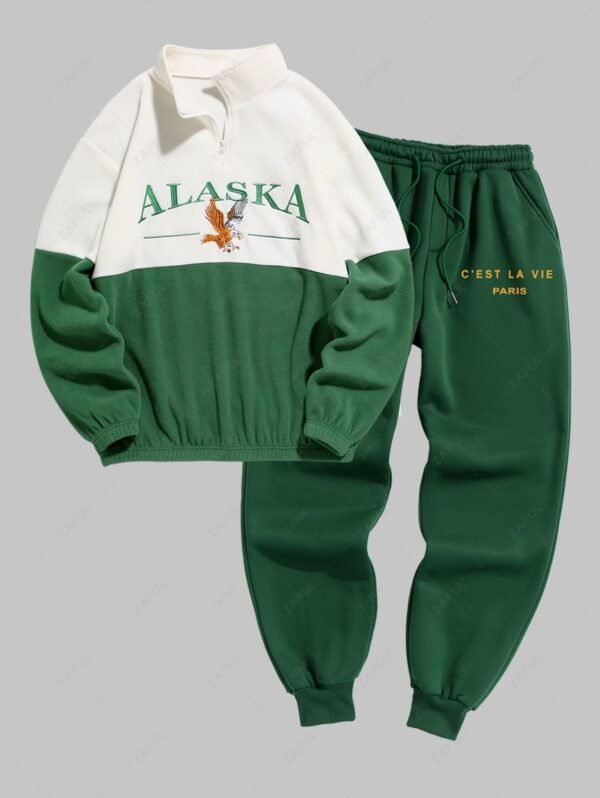 sale Men's Vintage Preppy Tracksuits Quarter Zip ALASKA Embroider Two Tone Polar Fleece Sweatshirt C'EST LA VIE PARIS Letter Fleece-lined Jogger Pants - DEEP GREEN ONE SIZE