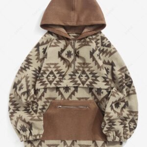 unique Women's Ethnic Style Tribal Geo Aztec Printed Quarter Zip Raglan Sleeve Front Pocket Wool Blend Loose Pullover Hoodie - COFFEE L