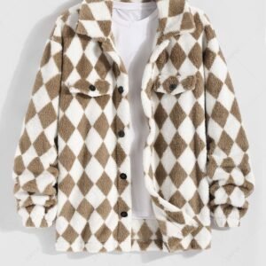 shop ZAFUL Men's Colorblock Argyle Pattern Button Front Fluffy Teddy Fleece Jacket - COFFEE M