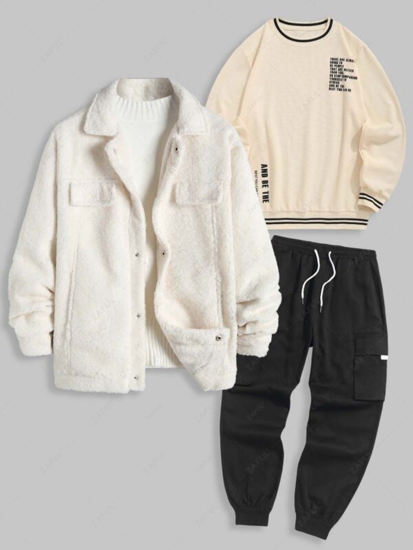latest Men's Daily Winer Outfits Fluffy Polar Fleece Button Fly Jacket and Letter Slogan Textured Sweatshirt and Streetwear Techwear Jogger Cargo Pants Set - MULTI-A ONE SIZE