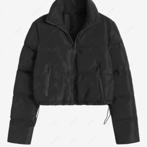 ladies Women's Daily Streetwear Quilted Padded Puffer Zip Up Solid Color Zippered Pockets Jacket - BLACK M