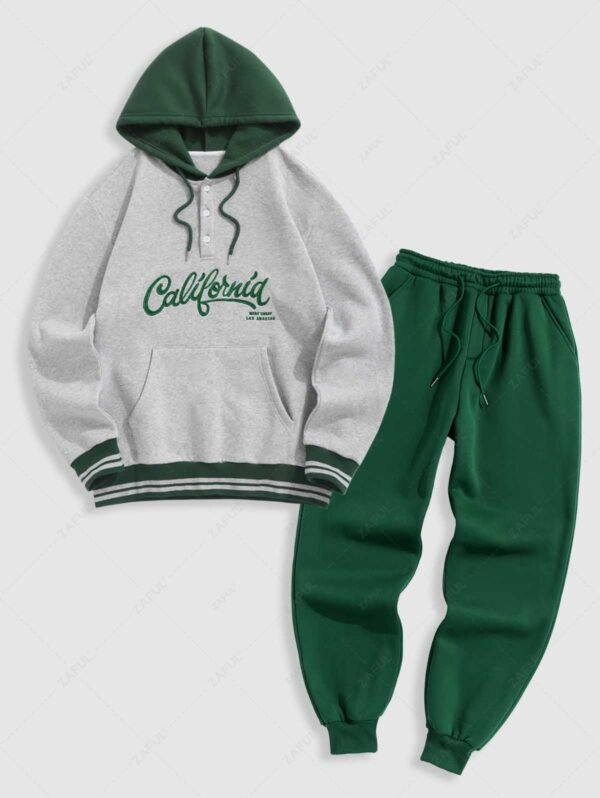 sale Men's Colorblock California WEST COAST LOS ANGELES Letter Embroidered Kangaroo Pocket Thermal Fleece-lined Pullover Hoodie and Casual Sweatpants Set - DEEP GREEN ONE SIZE