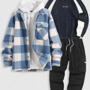 women's Men's Checked Plaid Colorblock Pocket Woolen Coat and Colorblock NEW YORK Embroidered Quarter Zip Polar Fleece Sweatshirt and Streetwear Techwear Jogger Cargo Pants Set - BLUE ONE SIZE