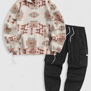 lady Men's Vintage Ethnic Aztec Print Woolen Kangaroo Pocket Quarter Zip Pullover Sweatshirt and Streetwear Casual Techwear Jogger Cargo Pants Set - MULTI-A ONE SIZE