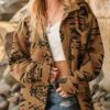 new Women's Ethnic Aztec Print Faux Fur Button Up Turn Down Collar Jacket - COFFEE L