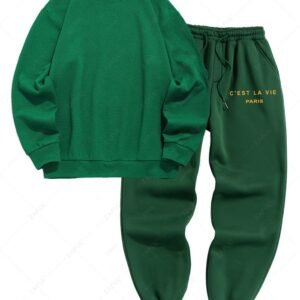 womens Men's Daily Casual Jacquard Design Drop Shoulder Solid Color Crew Neck Pullover Sweatshirt and C'EST LA VIE PARIS Letter Printed Drawstring Fleece-lined Sports Jogger Pants Set - DEEP GREEN ONE SIZE