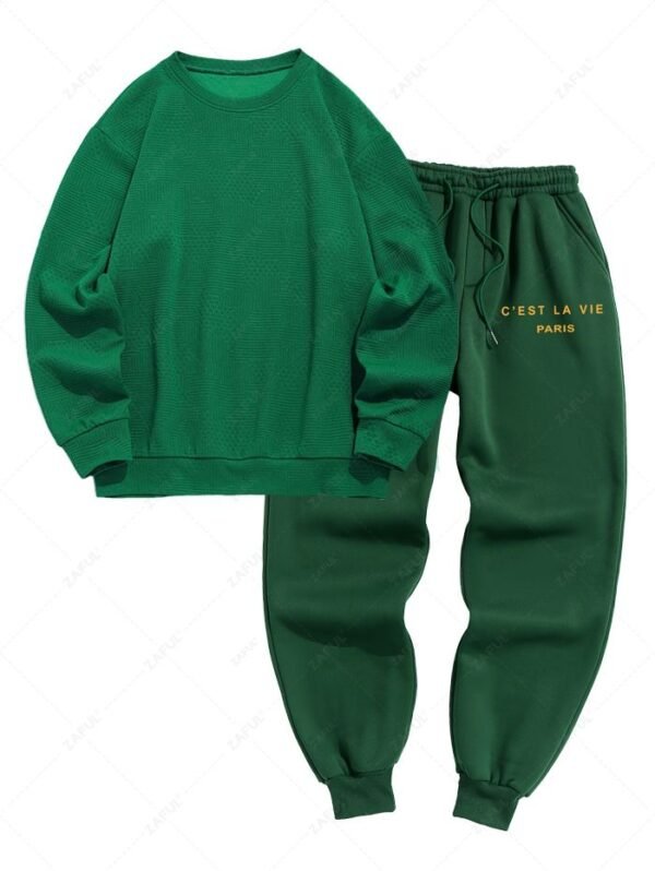 womens Men's Daily Casual Jacquard Design Drop Shoulder Solid Color Crew Neck Pullover Sweatshirt and C'EST LA VIE PARIS Letter Printed Drawstring Fleece-lined Sports Jogger Pants Set - DEEP GREEN ONE SIZE