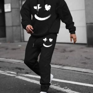 lady Men's Casual Fleece Lined Drippy Heart Smile Face Graphic Pocket Hoodie Drawstring Jogger Sweatpants Two Piece Set Tracksuit - BLACK XXL