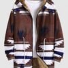 women's Men's Casual Geometric Pattern Zip Fly Drawstring Fluffy Flocking Hooded Long Coat - SEPIA S