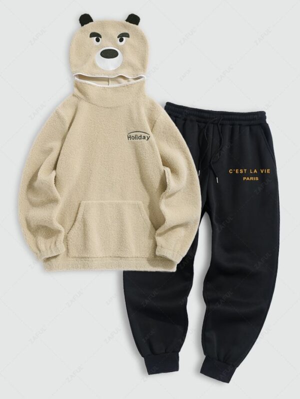 ladies Men's Zip Hooded Letter Embroidered Cartoon Bear Shape Faux Sherpa Fuzzy Hoodie and C'EST LA VIE PARIS Letter Printed Drawstring Fleece-lined Sports Jogger Pants Set - LIGHT COFFEE ONE SIZE