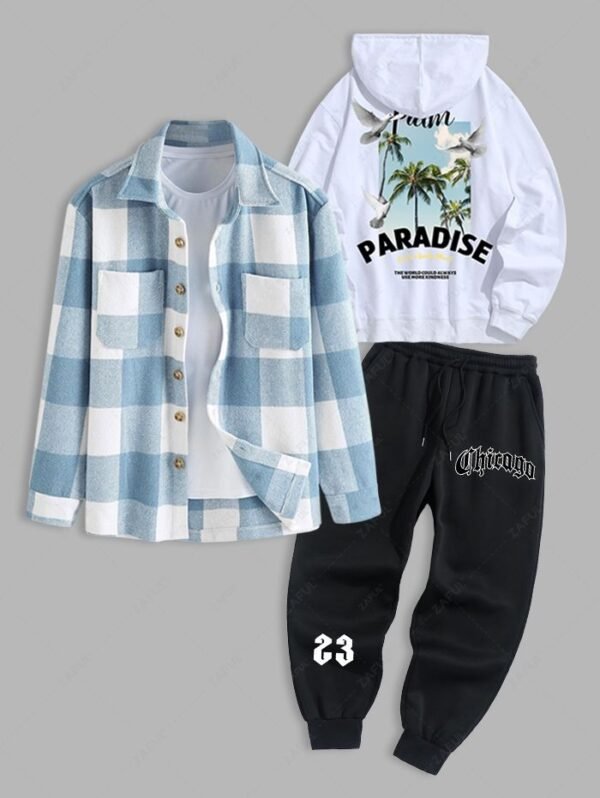 fashion Men's 3PCS PARADISE Letter Coconut Tree Graphic Pattern Pullover Hoodie and Plaid Pattern Wool Blend Shacket and Chicago Letter Printed Fleece-lined Jogger Pants Set - BLACK ONE SIZE