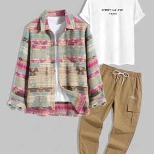 shops Men's 3Pcs Short Sleeve Crew Neck C'EST LA VIE PARIS Letter Printed T-shirt and Ethnic Aztec Printed Single-breasted Woolen Jacket and Drawstring Jogger Cargo Pants Set - LIGHT COFFEE ONE SIZE