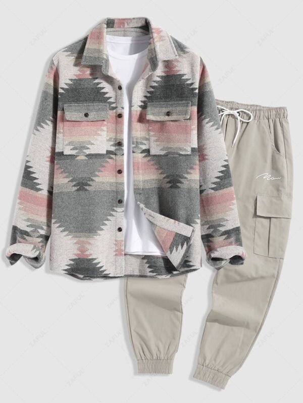 hot Men's Tribal Geometric Ethnic Aztec Printed Blend Wool Jacket and Drawstring Jogger Cargo Pants - LIGHT PINK ONE SIZE